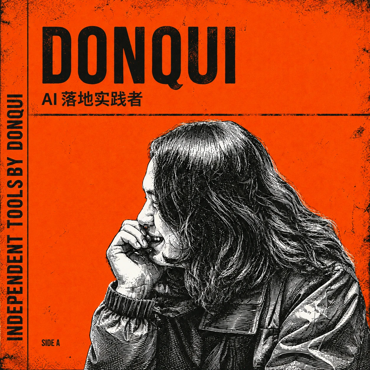 DonQui 的橙色唱片封面,印着唐诘的黑白雕刻肖像和 AI 落地实践者标题