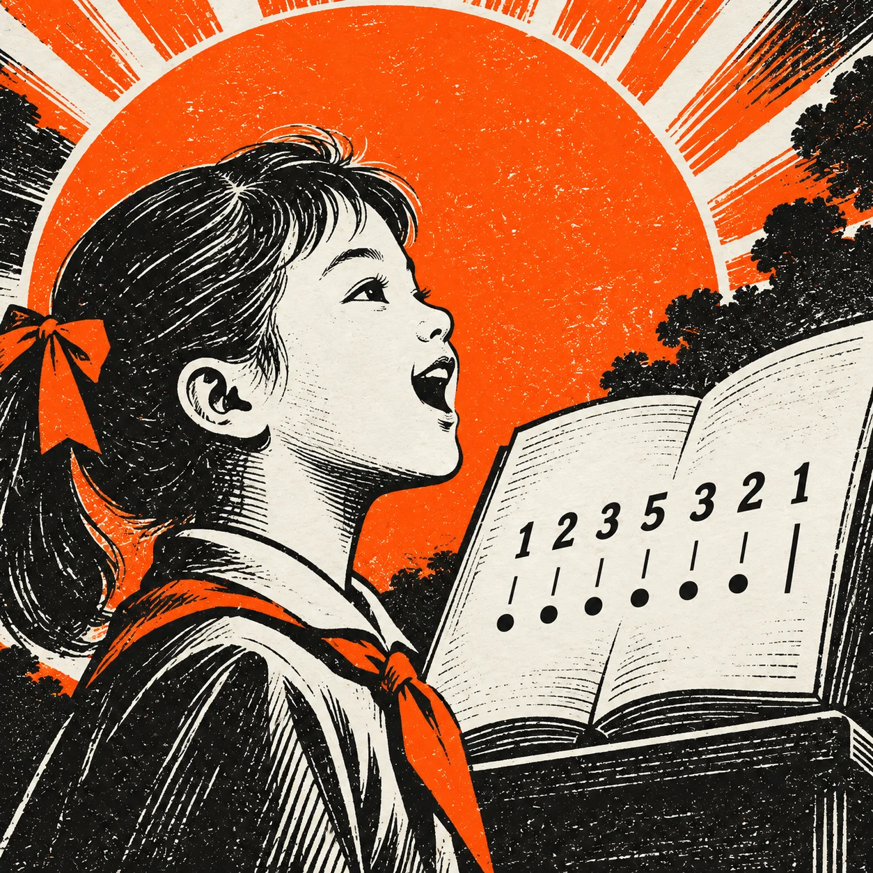 橙黑木刻版画封面：一位小学生面向写有简谱数字的练习本张口歌唱。